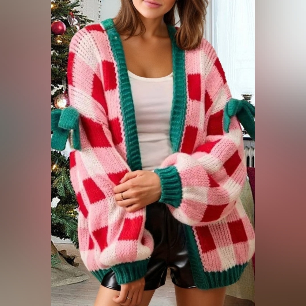 Christmas Plaid Bow Open Front Sweater Knit Cardigan - Picture 2 of 9